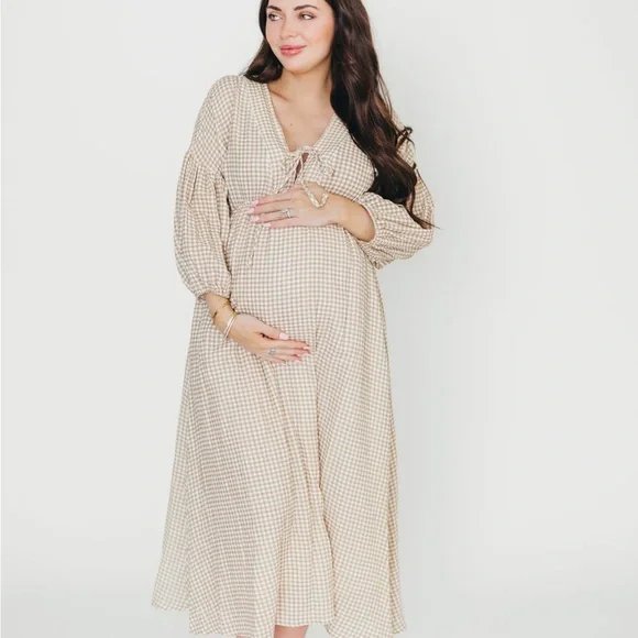 Gingham Maxi Dress in Beige Check - Picture 2 of 8